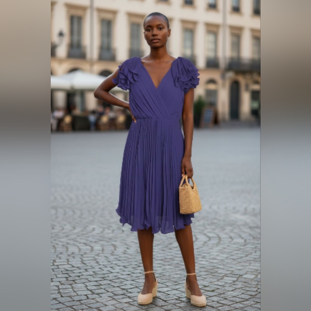 Pearl  Georgina Chapman Royal V-Neck Pleadd Purple Midi Dress Size 6 - Picture 2 of 16